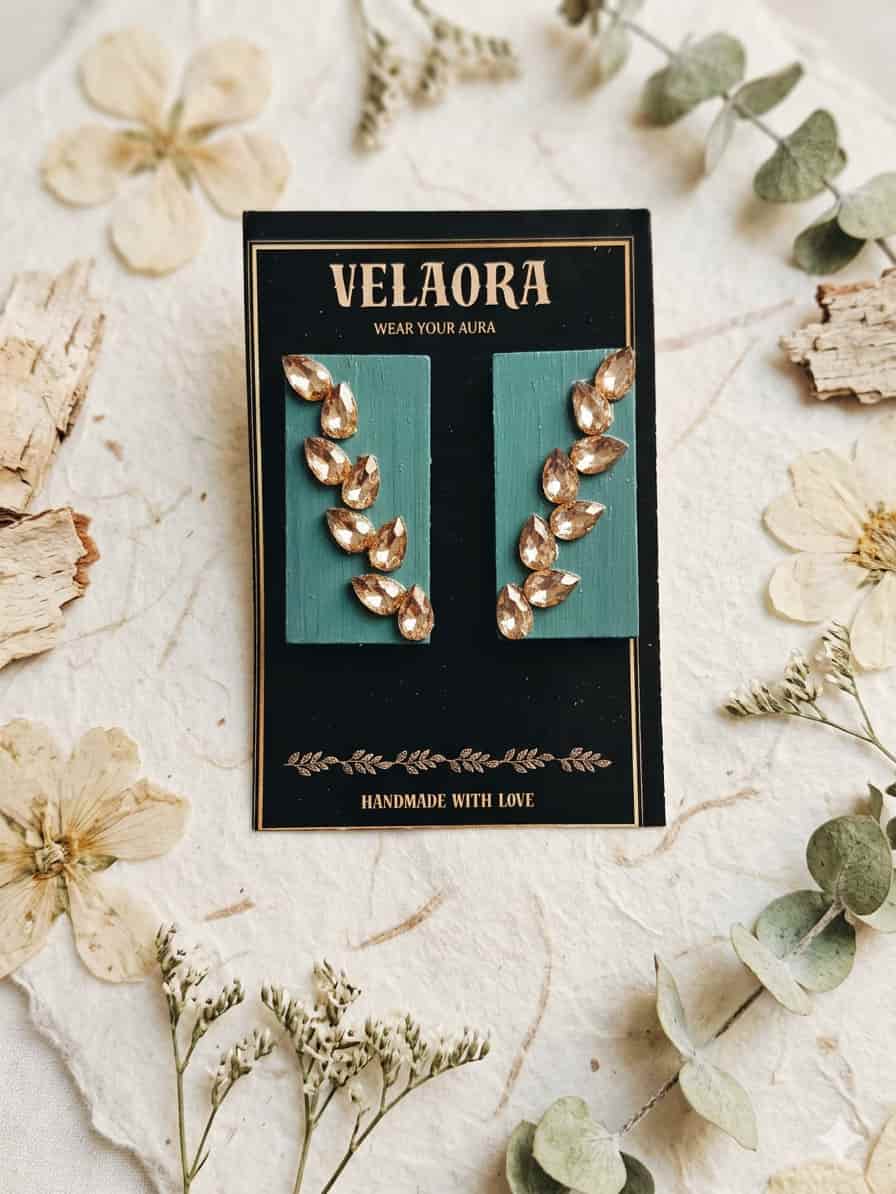 Gold Teardrop Crystal Leaf Statement Earrings | Velaora Jewelry by Velaora Jewels