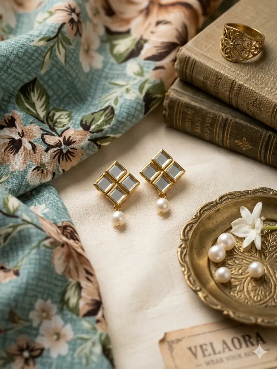 Kundan Square Pearl Drop Earrings for Women | Velaora Jewels by Velaora Jewels