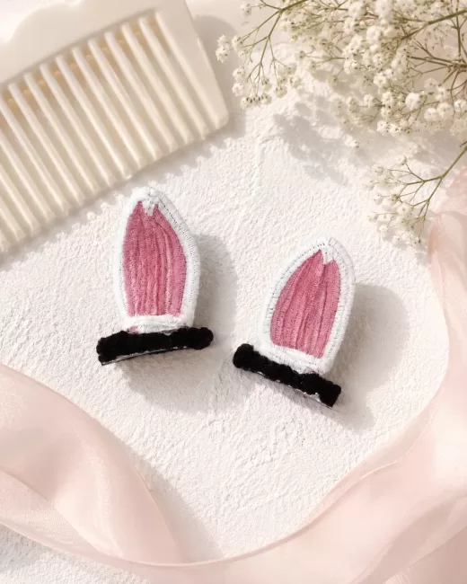 Handmade Bunny Ear Hair Clips Pink White Pair | Velaora Jewels model thumbnail
