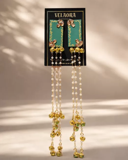 Kashmiri Style Green Long Pearl Jhumke with Ghungroo handmade jewellery by Velaora Jewels