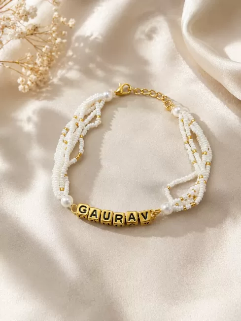 Personalised Name Bracelet with White Beads & Gold Alphabet Charms
