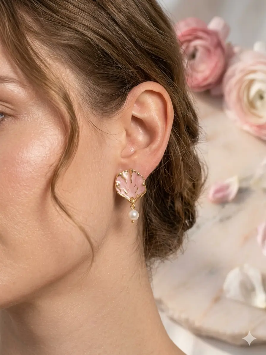 Velaora Pearl Shell Drop Earrings – Soft Blush Seashell Studs with Pearl Dangle model thumbnail