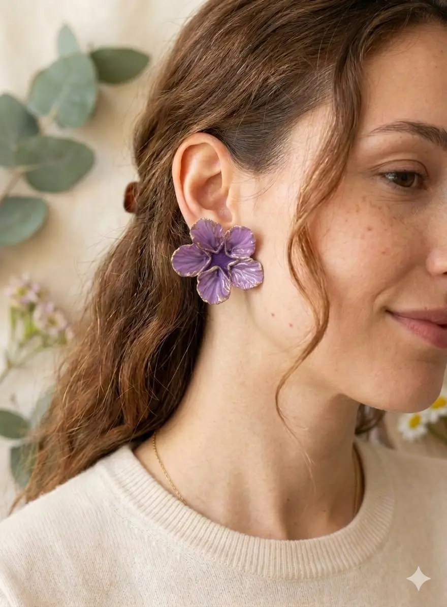 Flower Statement Earrings with Gold Detailing | Velaora Luxury Jewelry model thumbnail