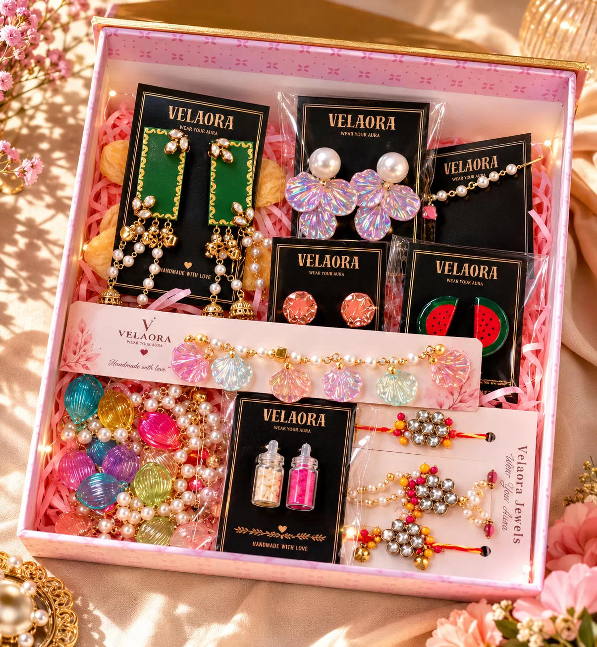 Raksha Bandhan Gift Hamper Box | Handmade Jewellery Rakhi Gift Set – Velaora Jewels model thumbnail