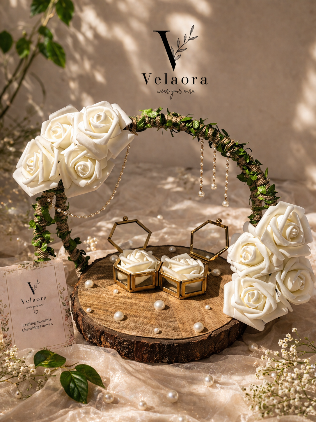 Ivory Rose Luxury Ring Ceremony Tray with Dual Ring Boxes by Velaora Jewels